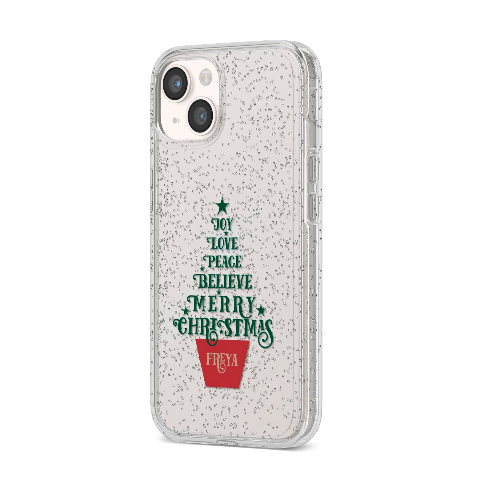 Personalised Text Christmas Tree iPhone 14 Glitter Tough Case Starlight Angled Image
