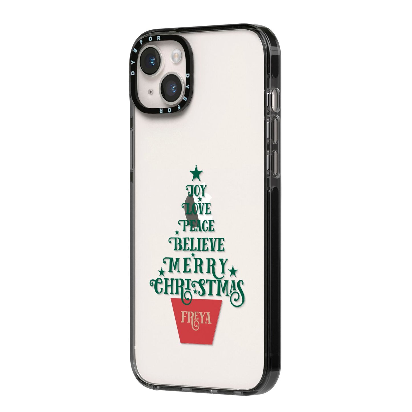 Personalised Text Christmas Tree iPhone 14 Plus Black Impact Case Side Angle on Silver phone