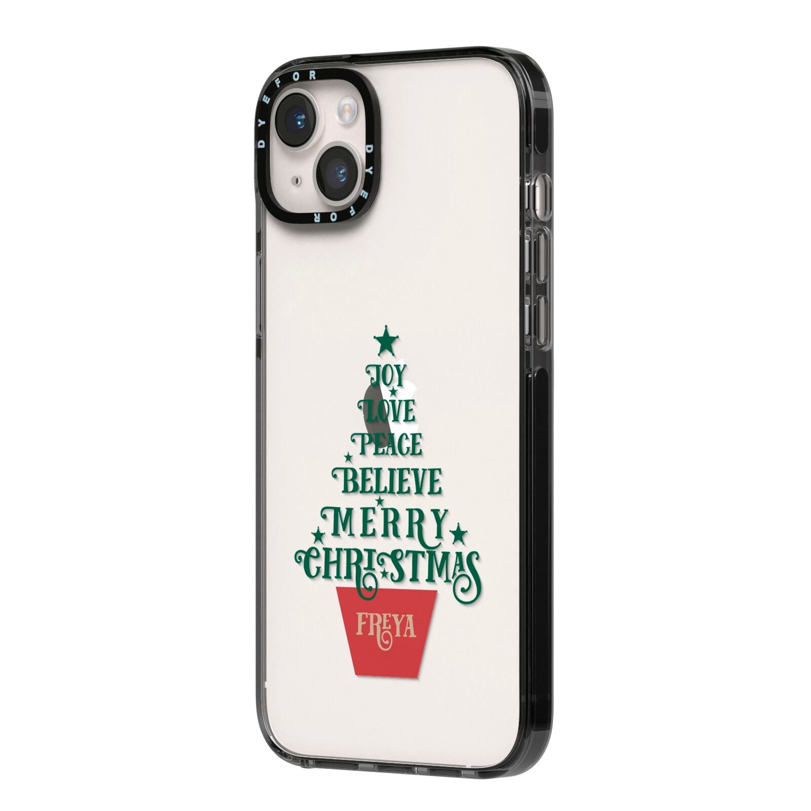 Personalised Text Christmas Tree iPhone 14 Plus Black Impact Case Side Angle on Silver phone