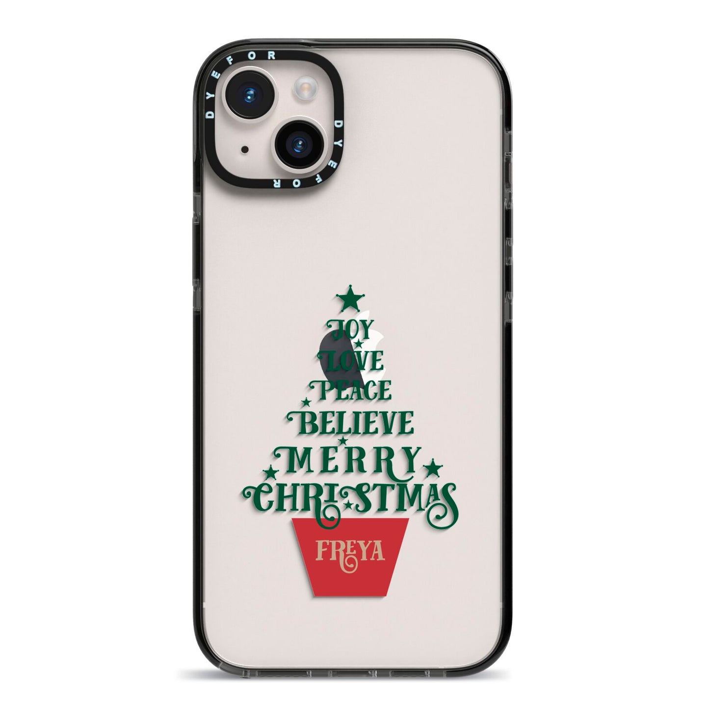 Personalised Text Christmas Tree iPhone 14 Plus Black Impact Case on Silver phone