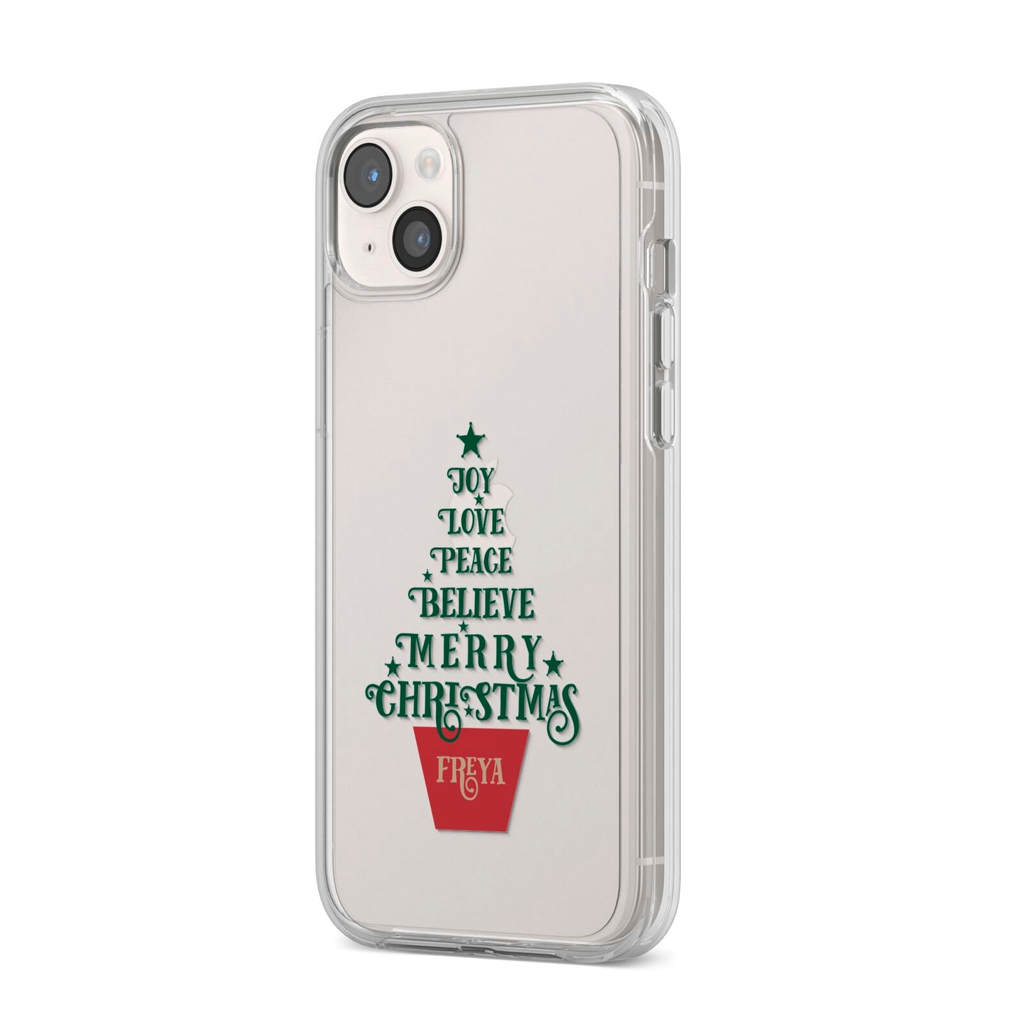 Personalised Text Christmas Tree iPhone 14 Plus Clear Tough Case Starlight Angled Image