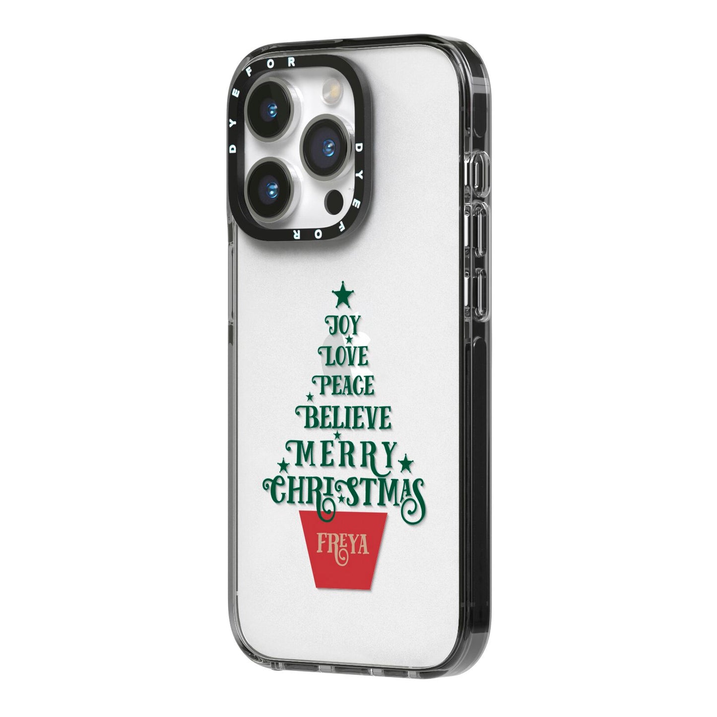 Personalised Text Christmas Tree iPhone 14 Pro Black Impact Case Side Angle on Silver phone