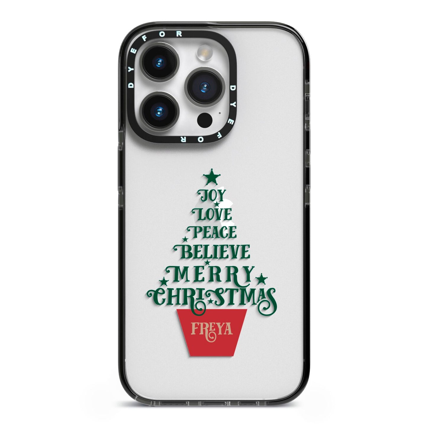 Personalised Text Christmas Tree iPhone 14 Pro Black Impact Case on Silver phone