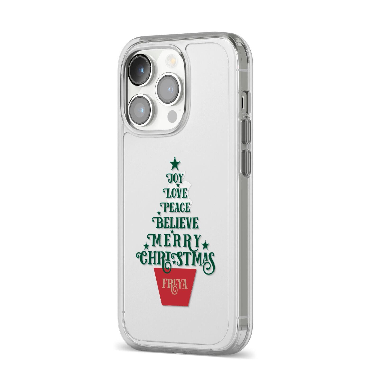 Personalised Text Christmas Tree iPhone 14 Pro Clear Tough Case Silver Angled Image