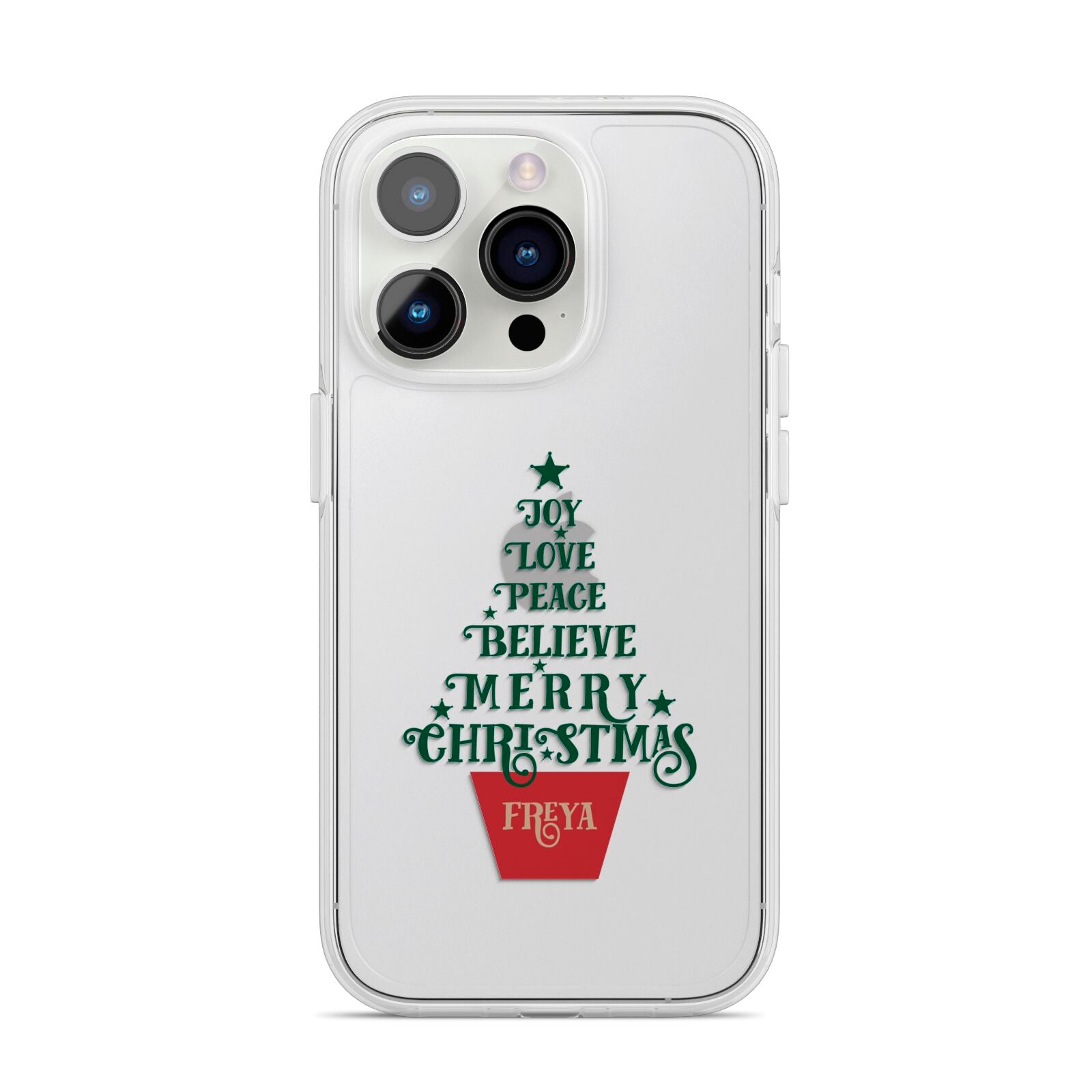 Personalised Text Christmas Tree iPhone 14 Pro Clear Tough Case Silver