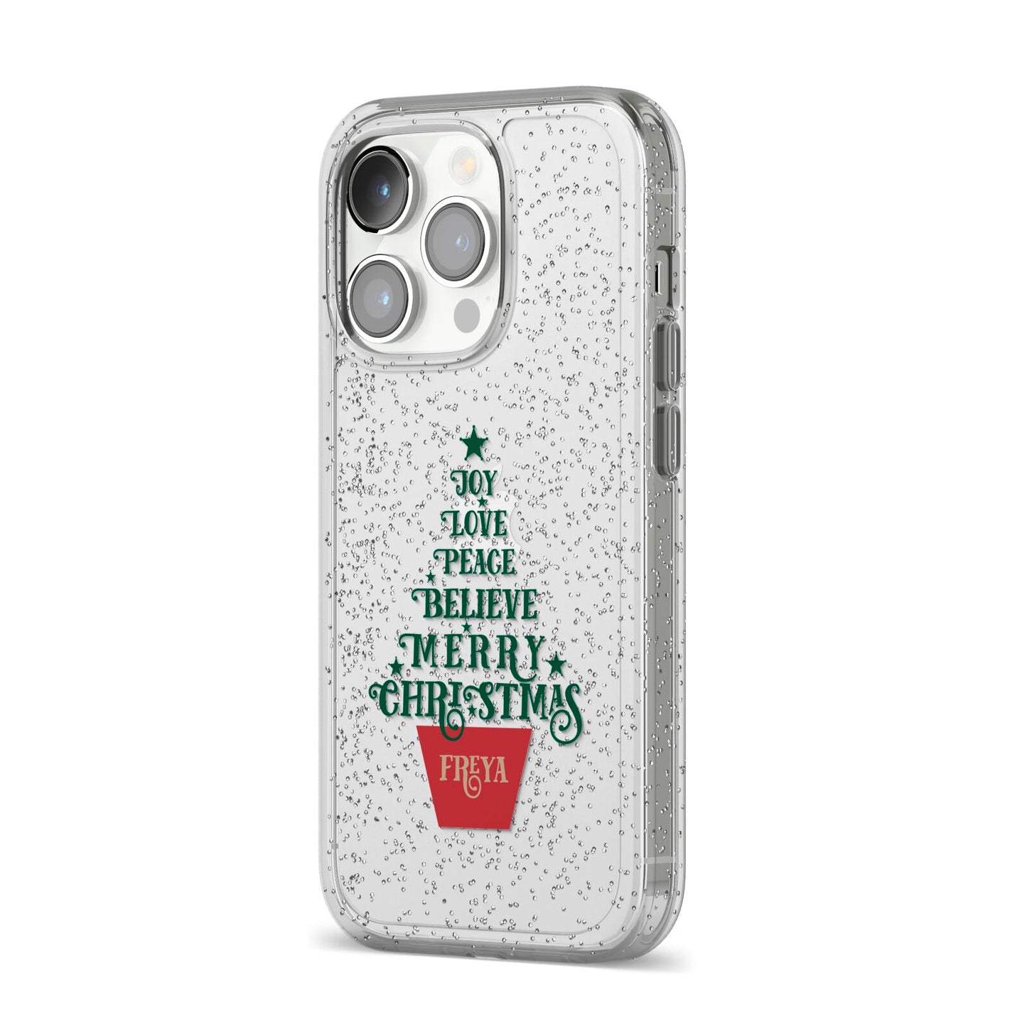 Personalised Text Christmas Tree iPhone 14 Pro Glitter Tough Case Silver Angled Image