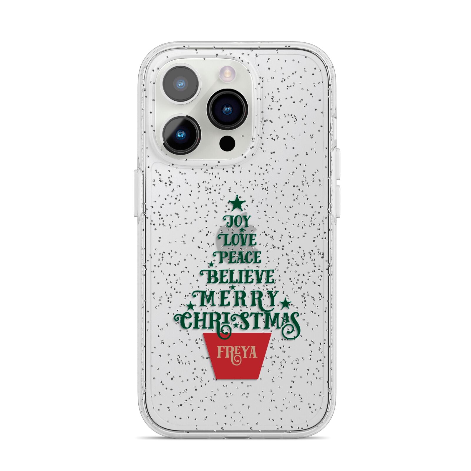 Personalised Text Christmas Tree iPhone 14 Pro Glitter Tough Case Silver