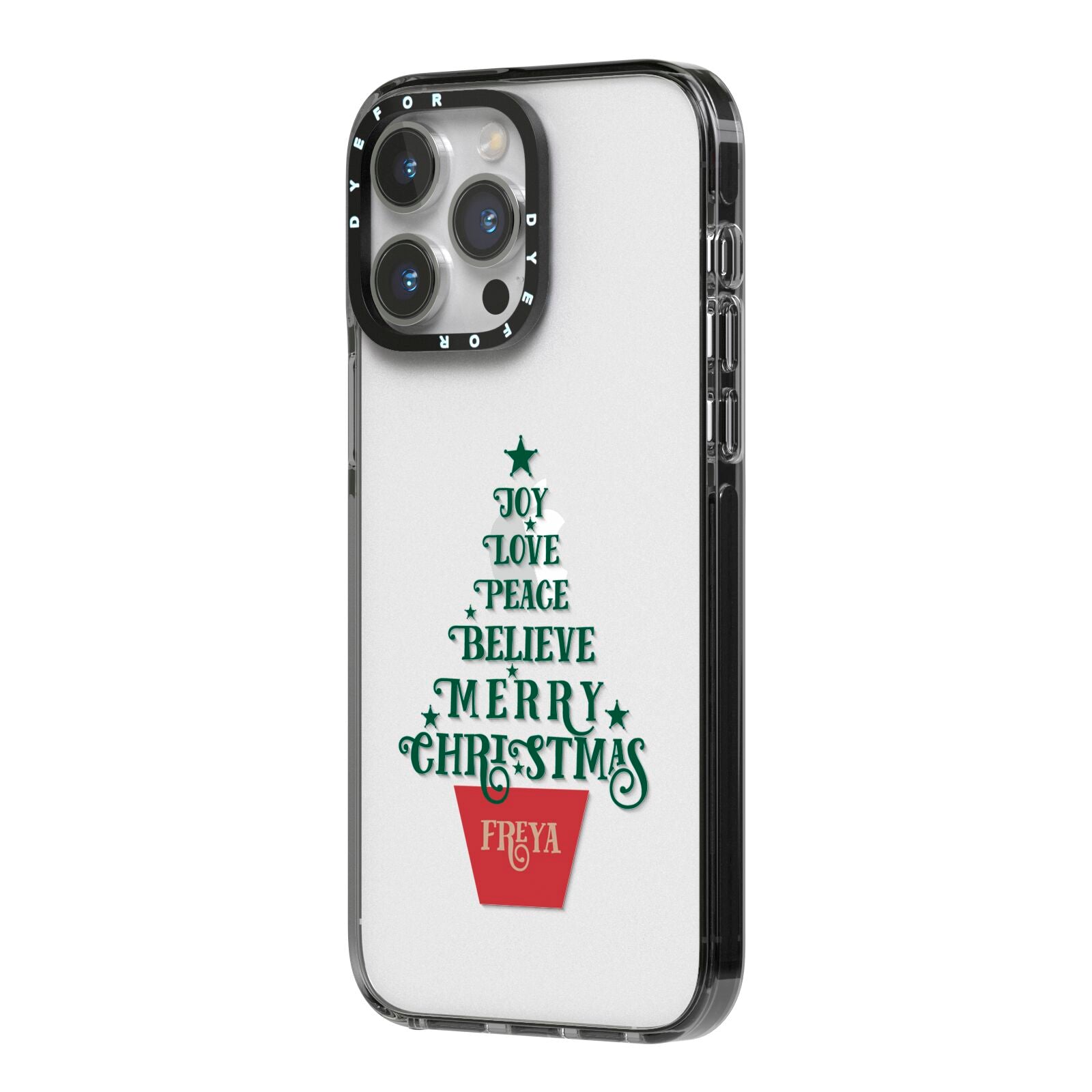 Personalised Text Christmas Tree iPhone 14 Pro Max Black Impact Case Side Angle on Silver phone