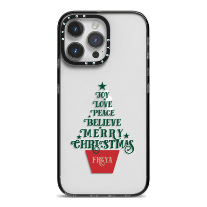 Personalised Text Christmas Tree iPhone 14 Pro Max Black Impact Case on Silver phone
