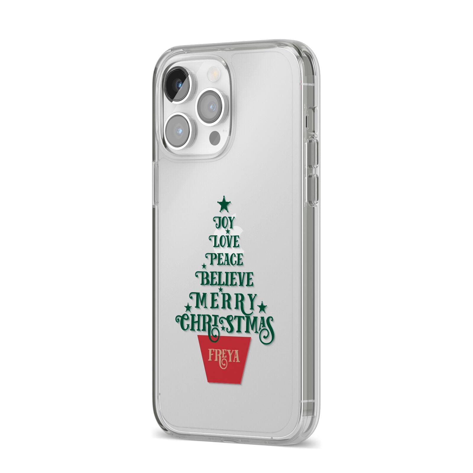 Personalised Text Christmas Tree iPhone 14 Pro Max Clear Tough Case Silver Angled Image