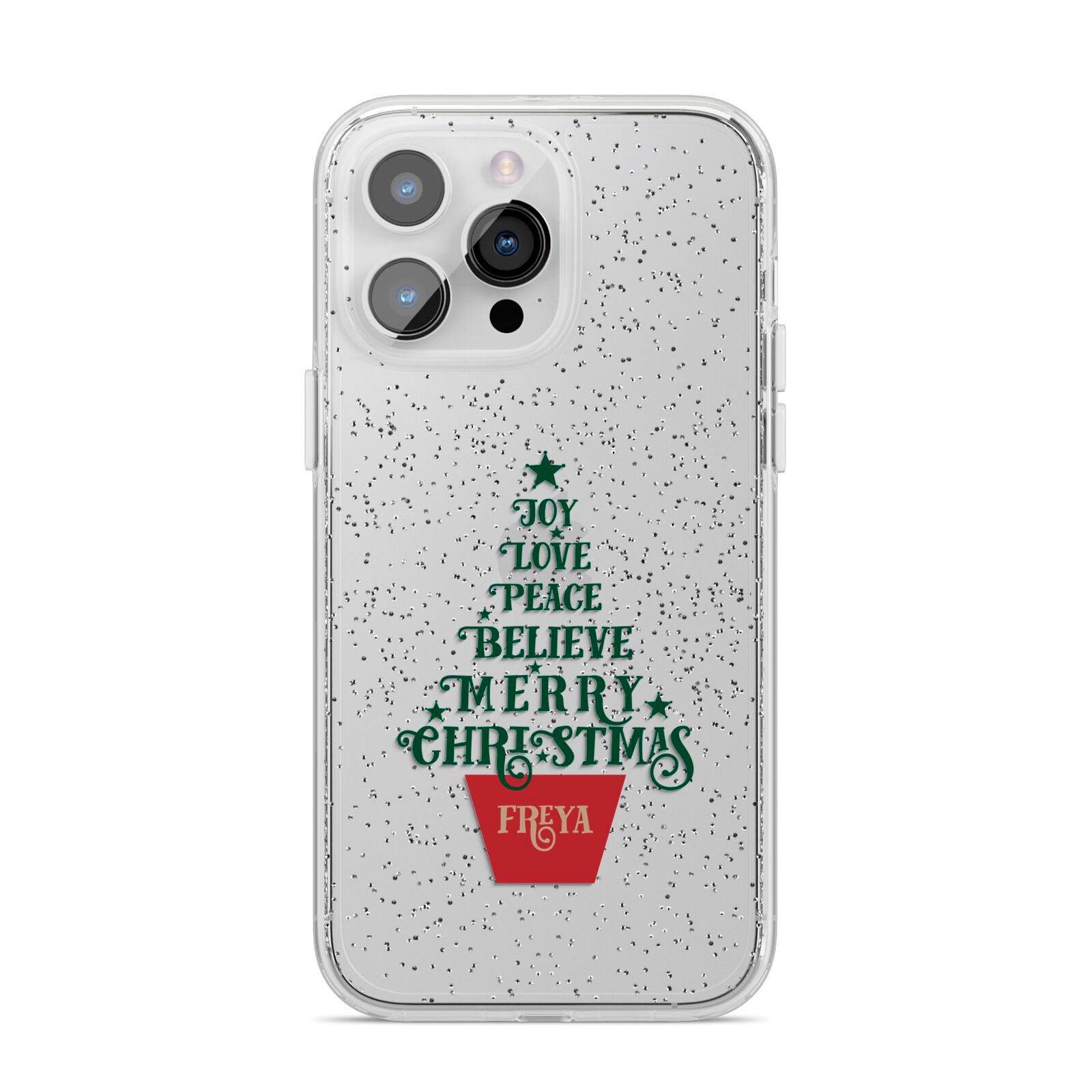 Personalised Text Christmas Tree iPhone 14 Pro Max Glitter Tough Case Silver