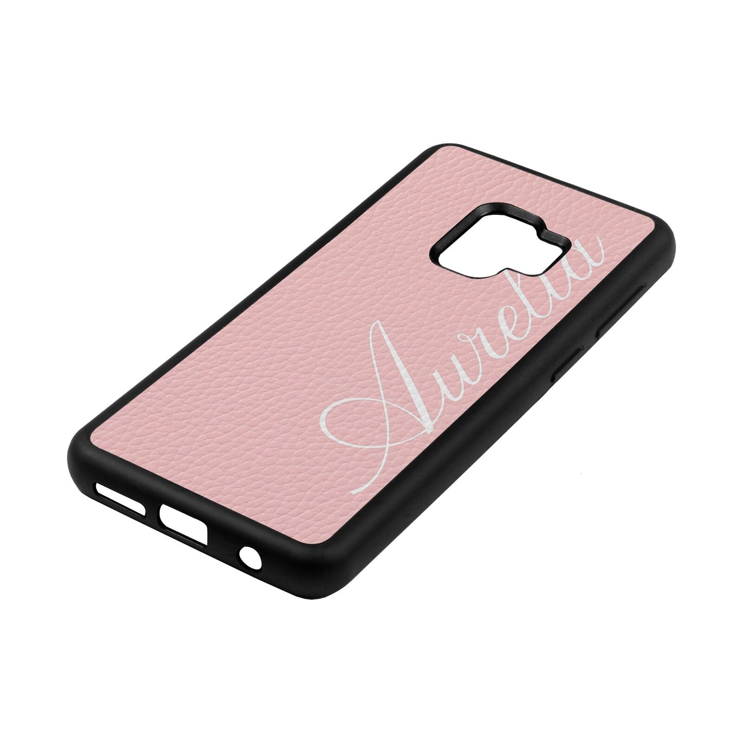 Personalised Text Pink Pebble Leather Samsung S9 Case Side Angle