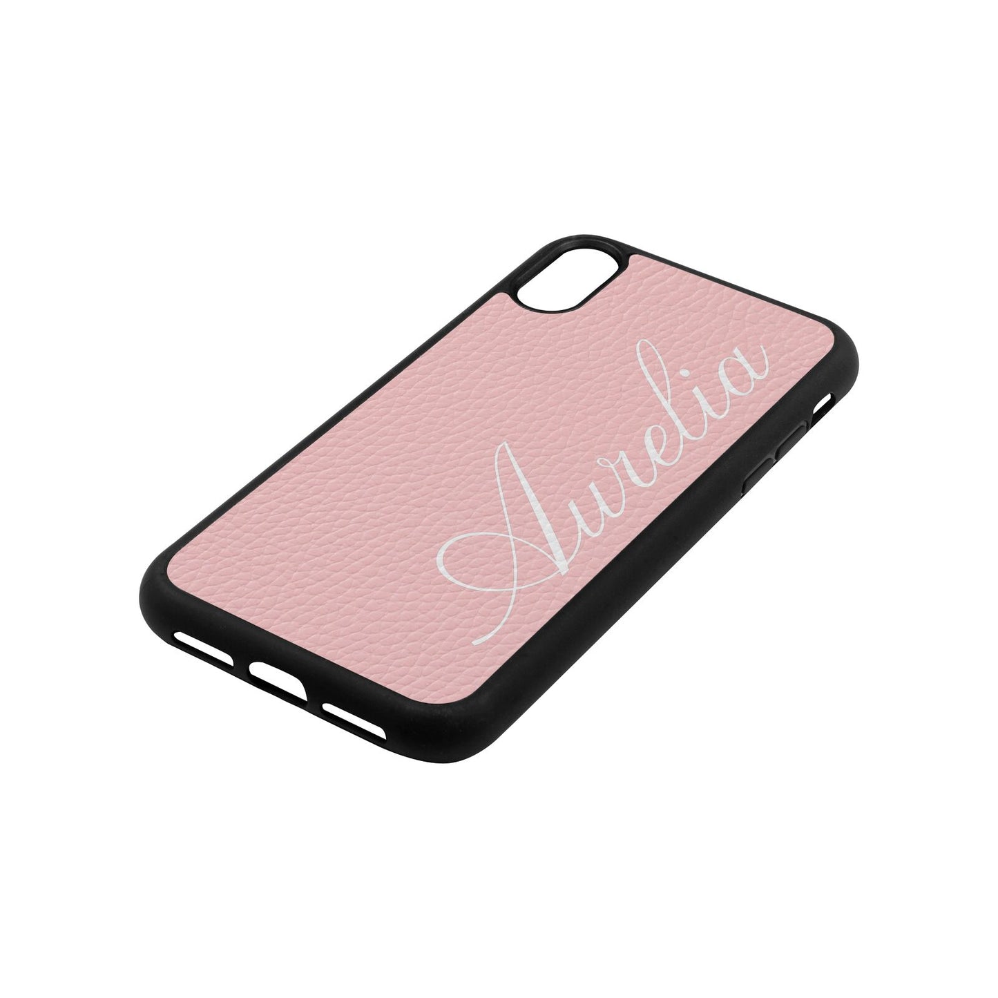 Personalised Text Pink Pebble Leather iPhone Xr Case Side Angle