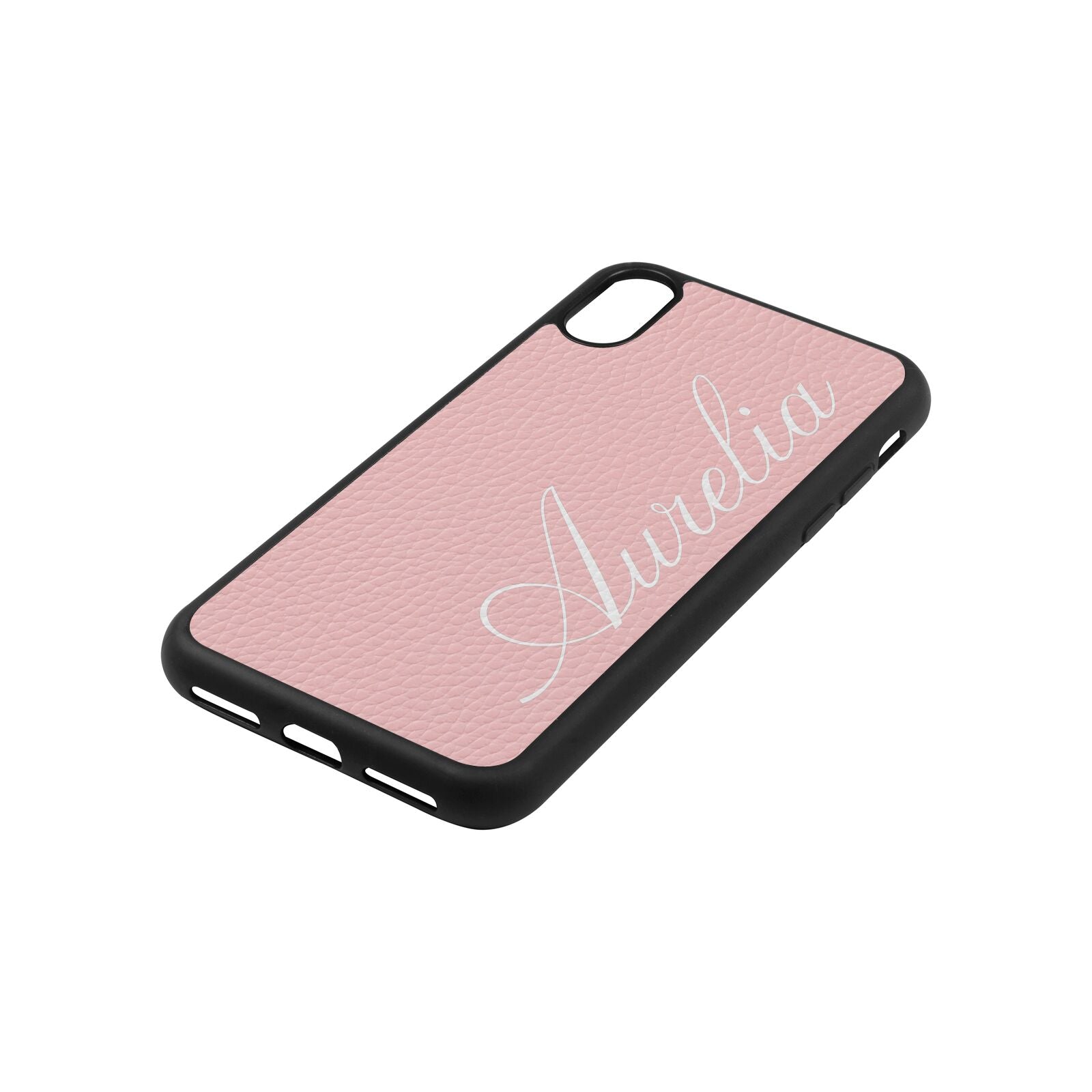 Personalised Text Pink Pebble Leather iPhone Xs Case Side Angle