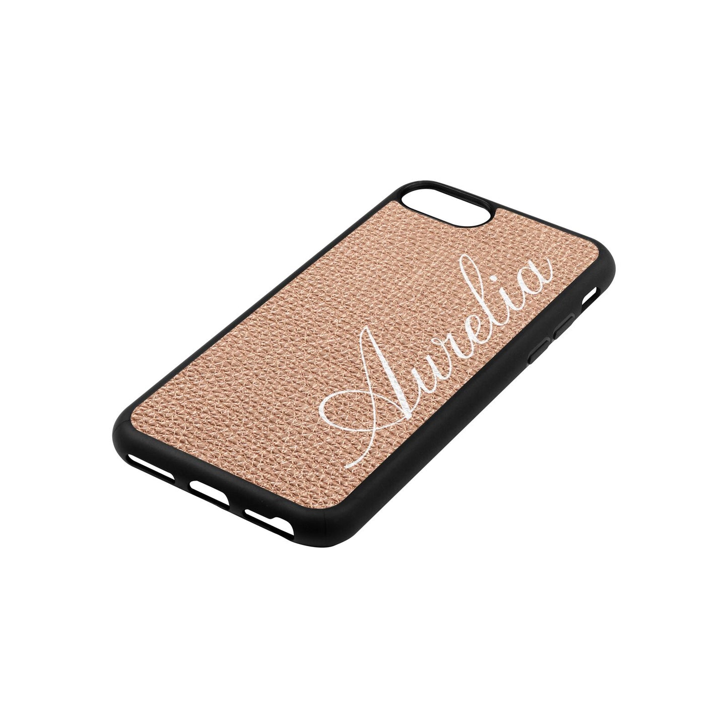 Personalised Text Rose Gold Pebble Leather iPhone 8 Case Side Angle