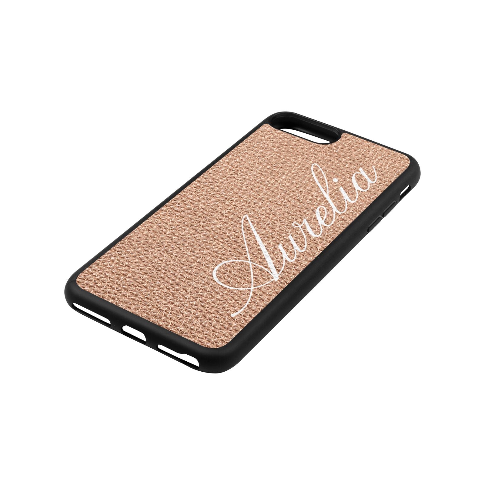 Personalised Text Rose Gold Pebble Leather iPhone 8 Plus Case Side Angle