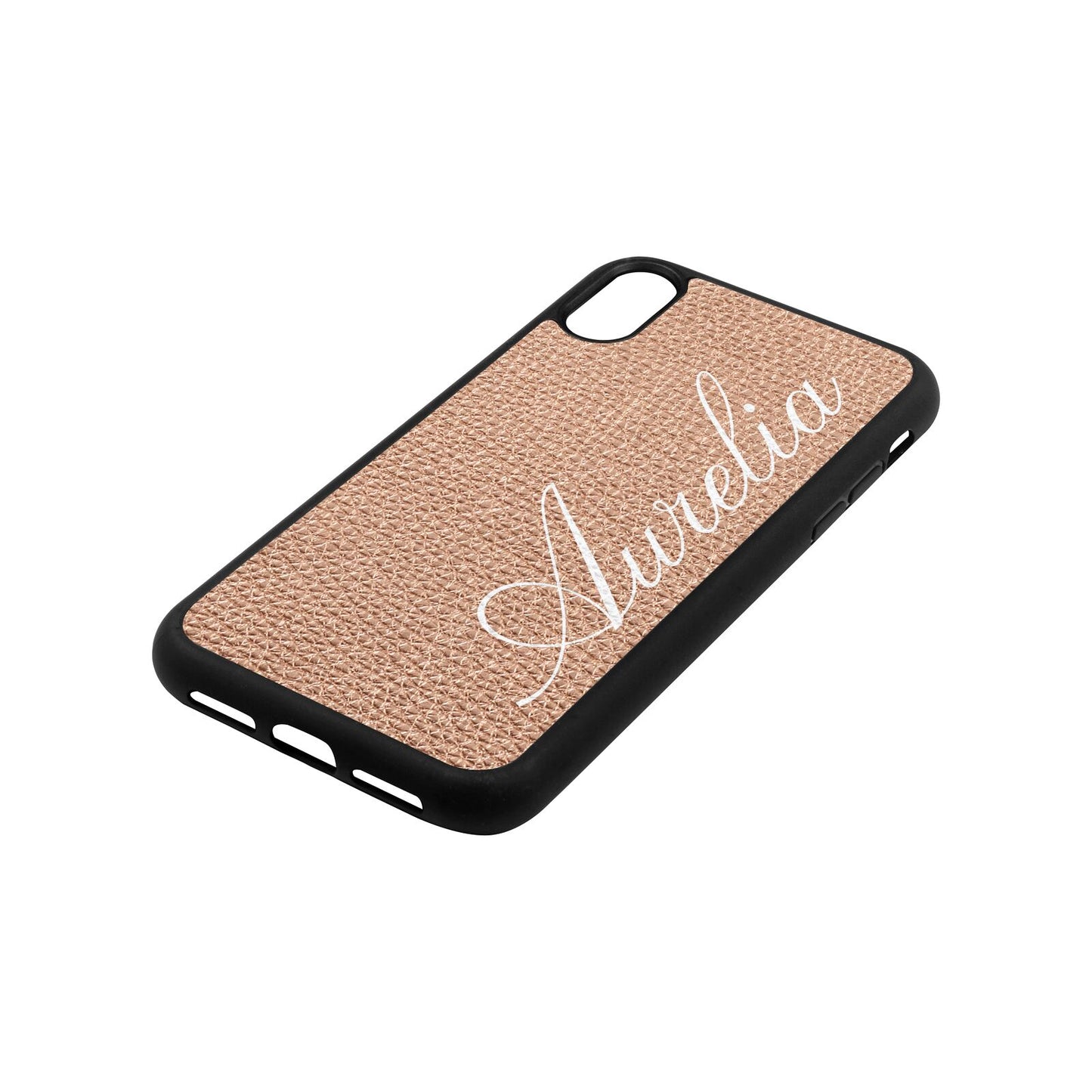 Personalised Text Rose Gold Pebble Leather iPhone Xr Case Side Angle