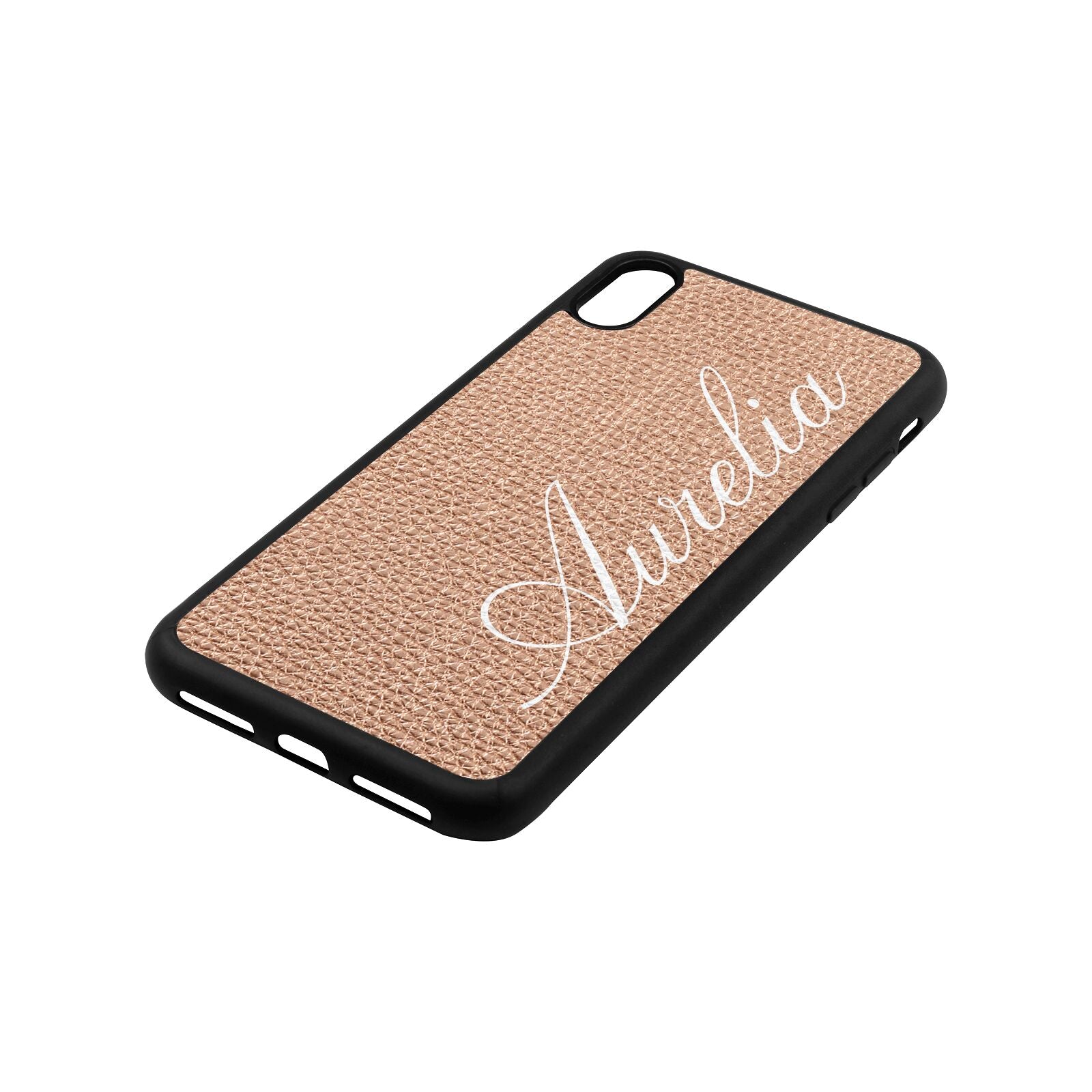 Personalised Text Rose Gold Pebble Leather iPhone Xs Max Case Side Angle