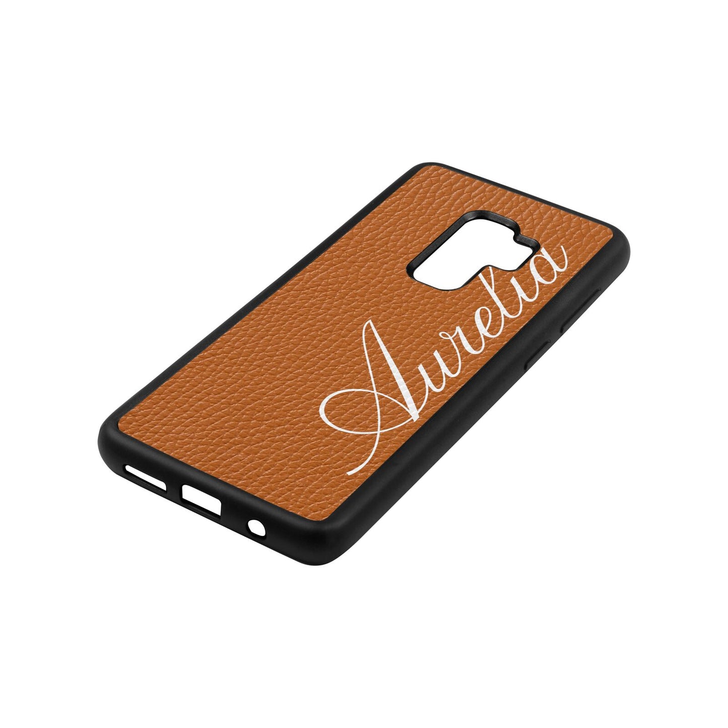Personalised Text Tan Pebble Leather Samsung S9 Plus Case Side Angle