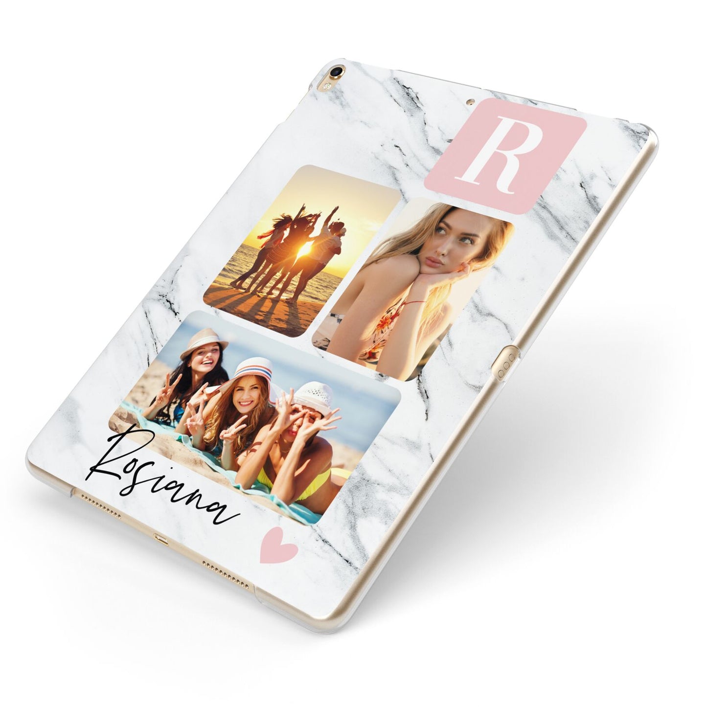 Personalised Three Photo Marble Name Apple iPad Case on Gold iPad Side View