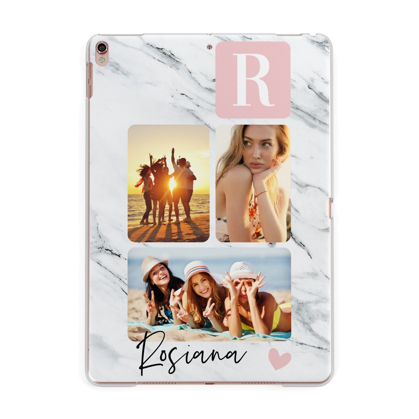 Personalised Three Photo Marble Name Apple iPad Rose Gold Case