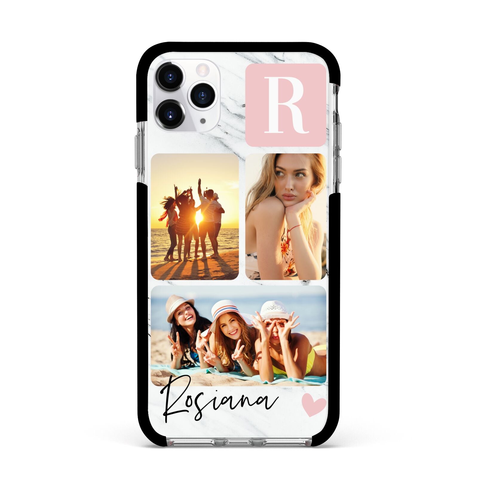Personalised Three Photo Marble Name Apple iPhone 11 Pro Max in Silver with Black Impact Case