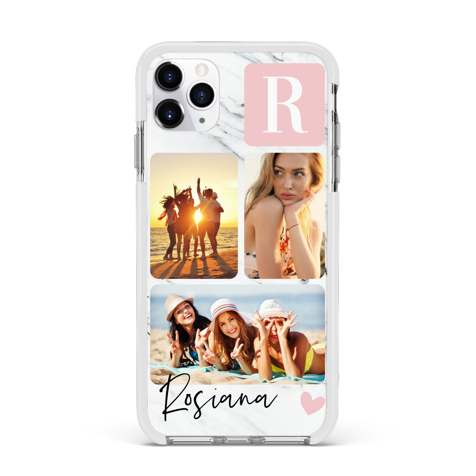Personalised Three Photo Marble Name Apple iPhone 11 Pro Max in Silver with White Impact Case