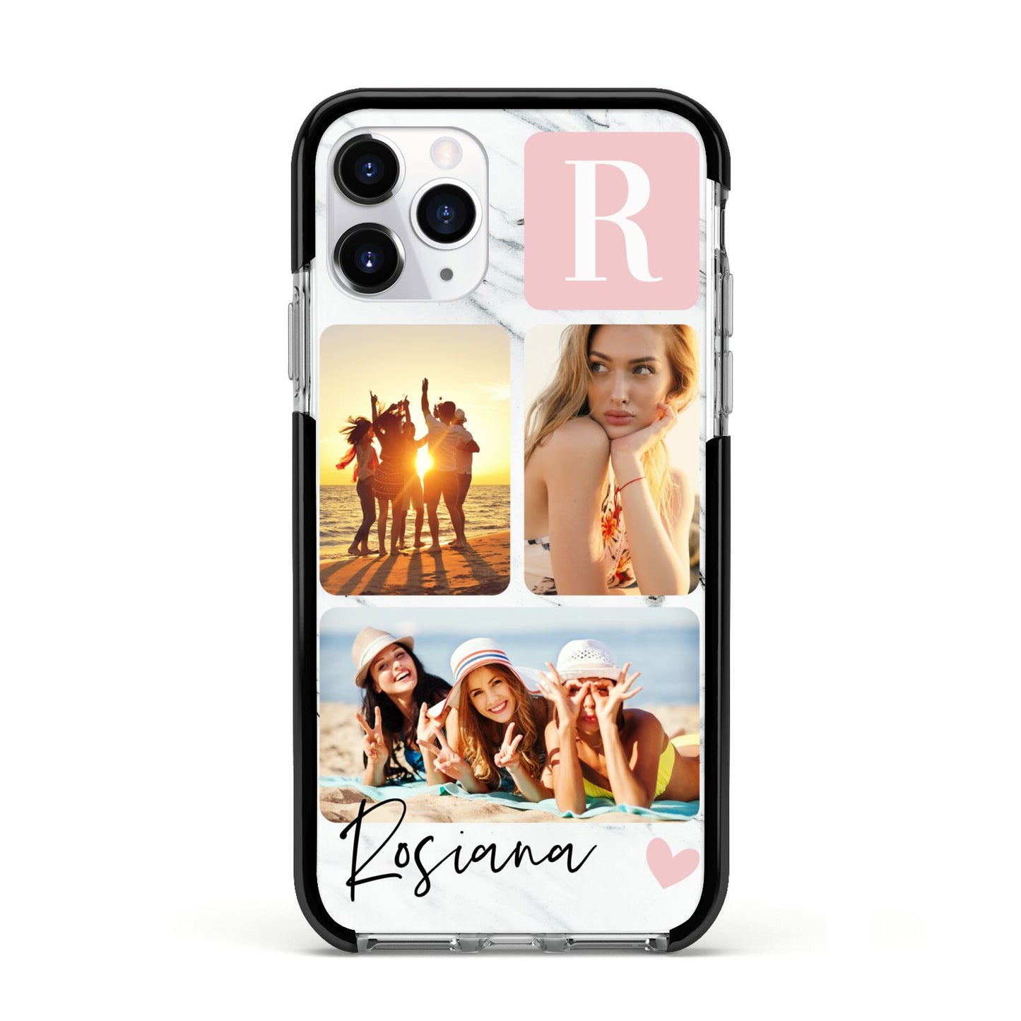 Personalised Three Photo Marble Name Apple iPhone 11 Pro in Silver with Black Impact Case
