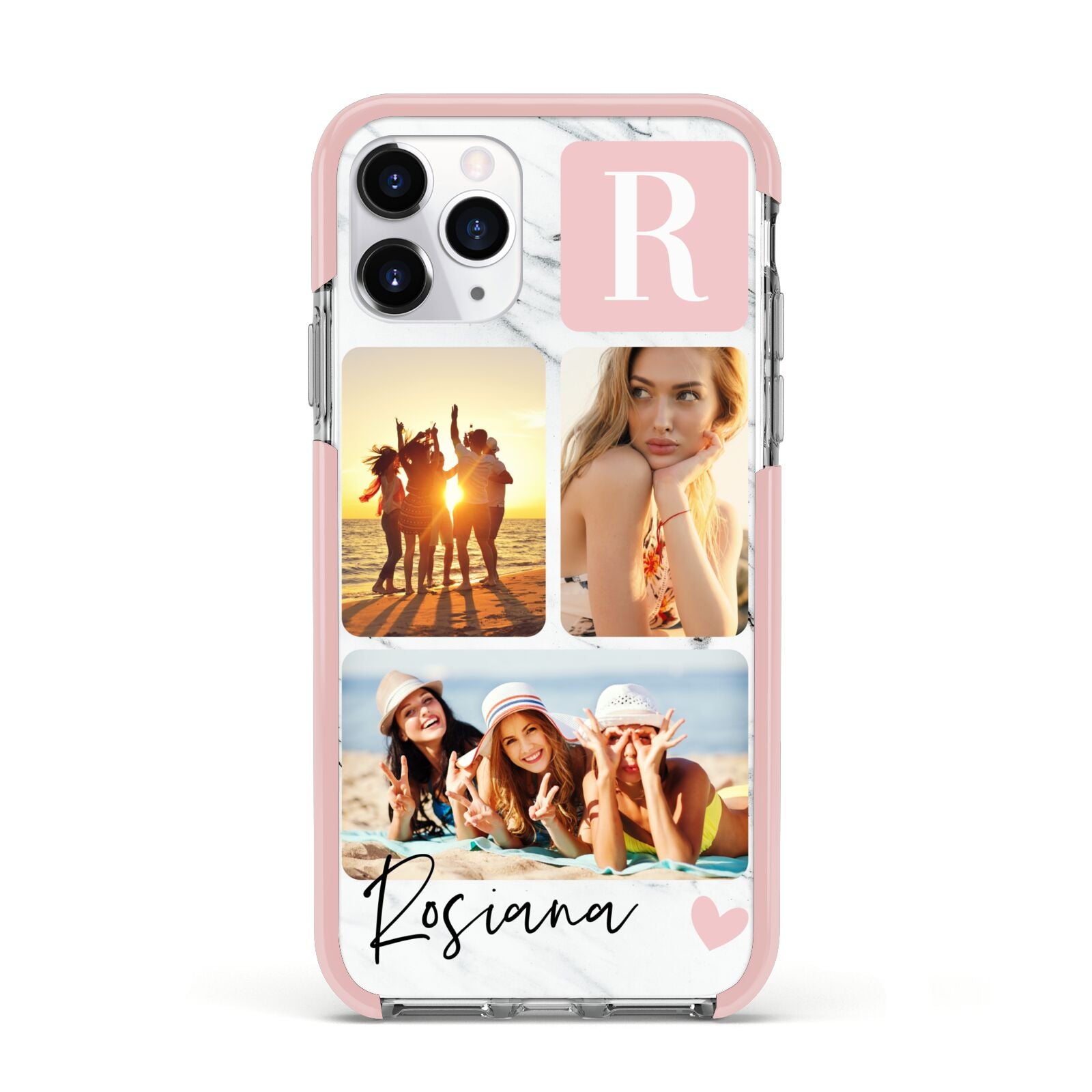 Personalised Three Photo Marble Name Apple iPhone 11 Pro in Silver with Pink Impact Case