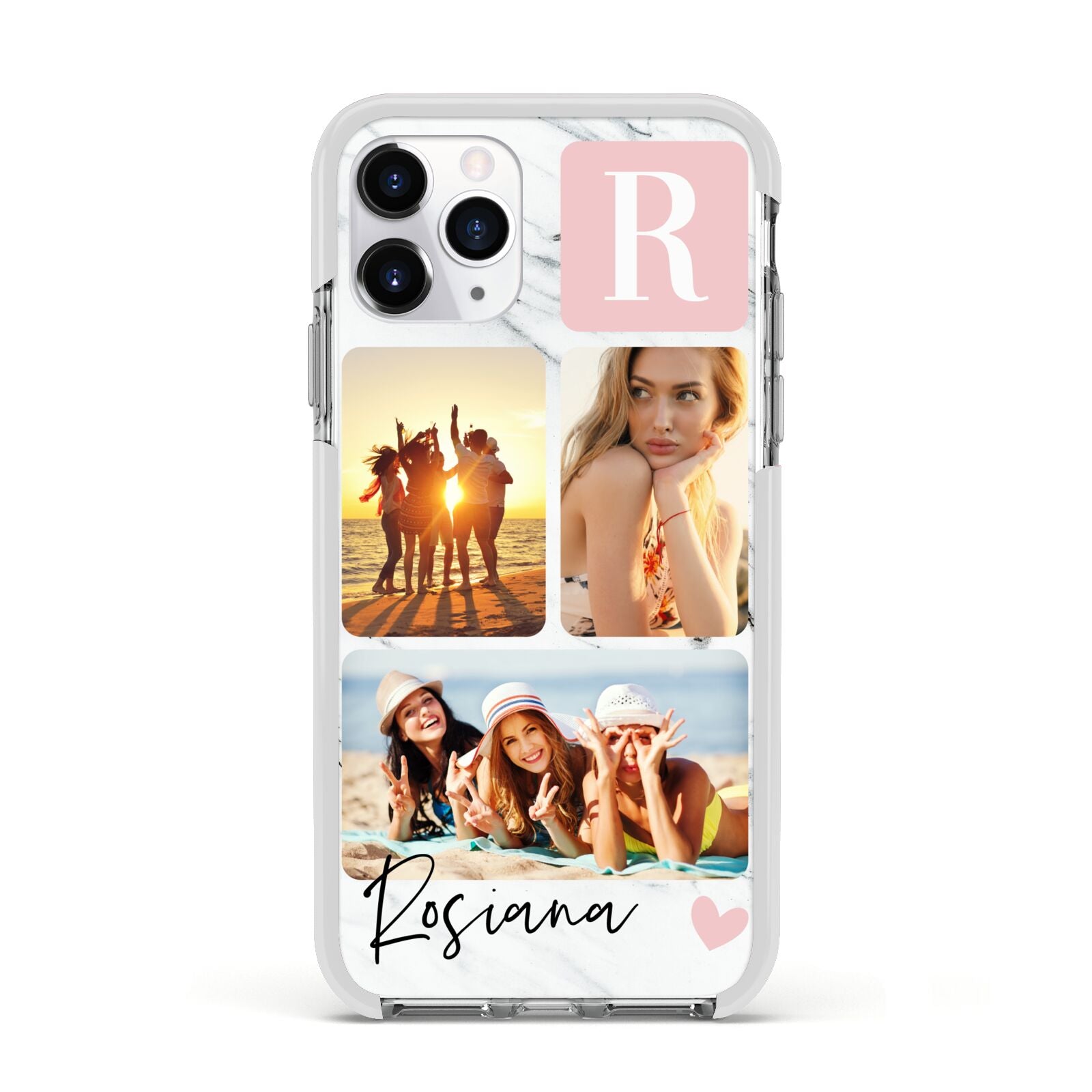Personalised Three Photo Marble Name Apple iPhone 11 Pro in Silver with White Impact Case