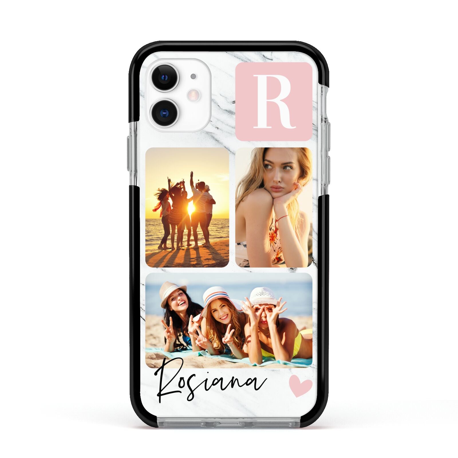 Personalised Three Photo Marble Name Apple iPhone 11 in White with Black Impact Case