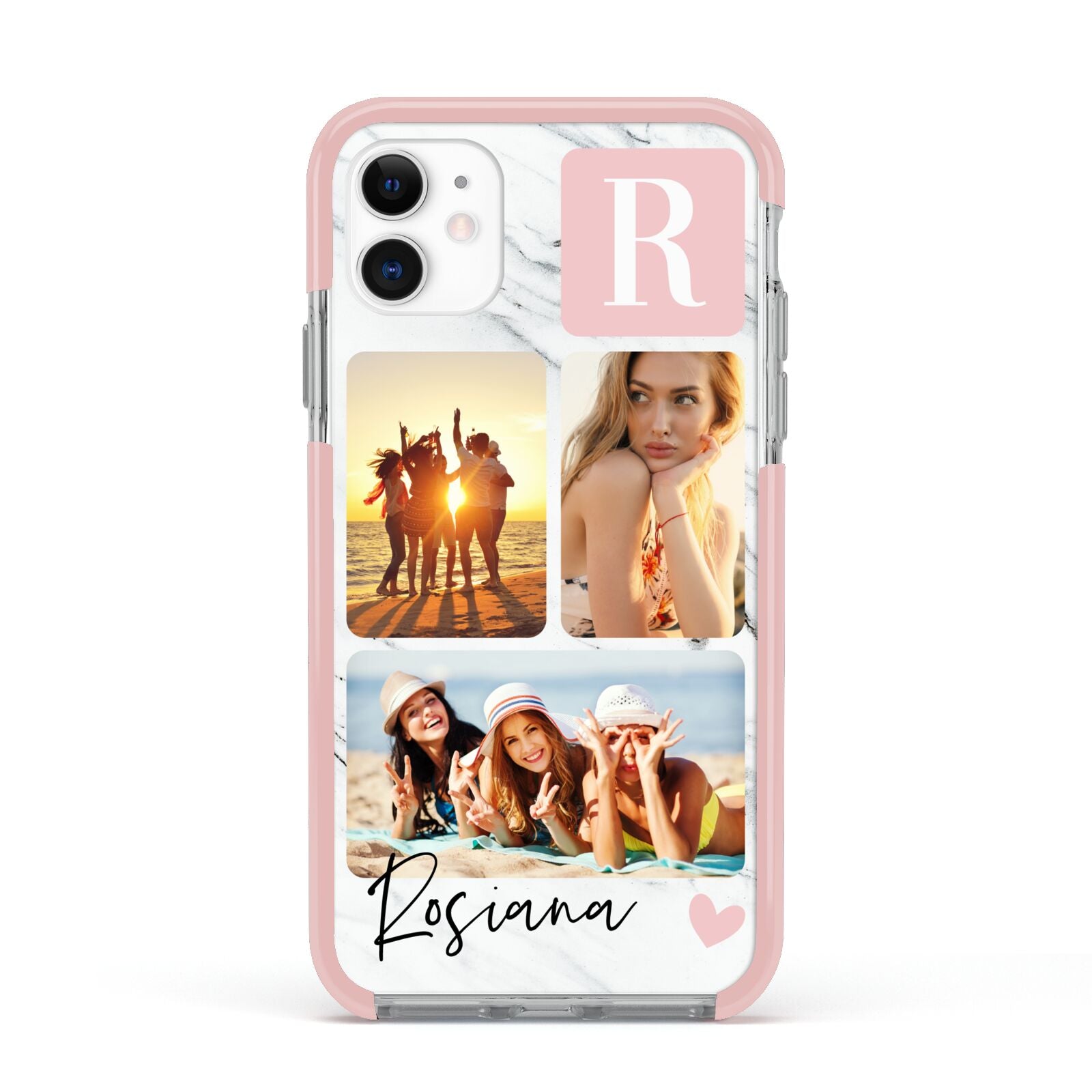 Personalised Three Photo Marble Name Apple iPhone 11 in White with Pink Impact Case