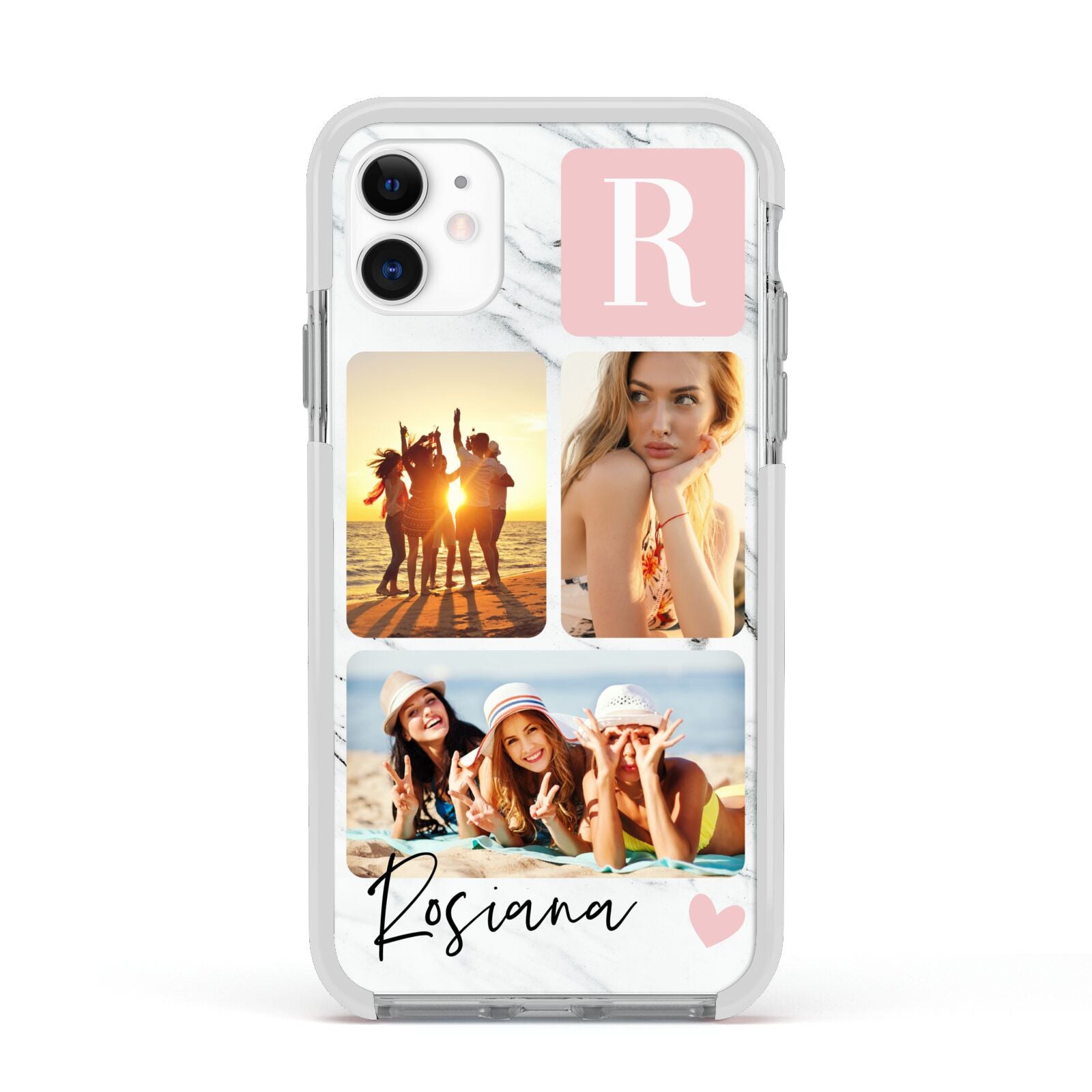 Personalised Three Photo Marble Name Apple iPhone 11 in White with White Impact Case