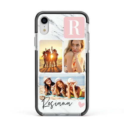 Personalised Three Photo Marble Name Apple iPhone XR Impact Case Black Edge on Silver Phone
