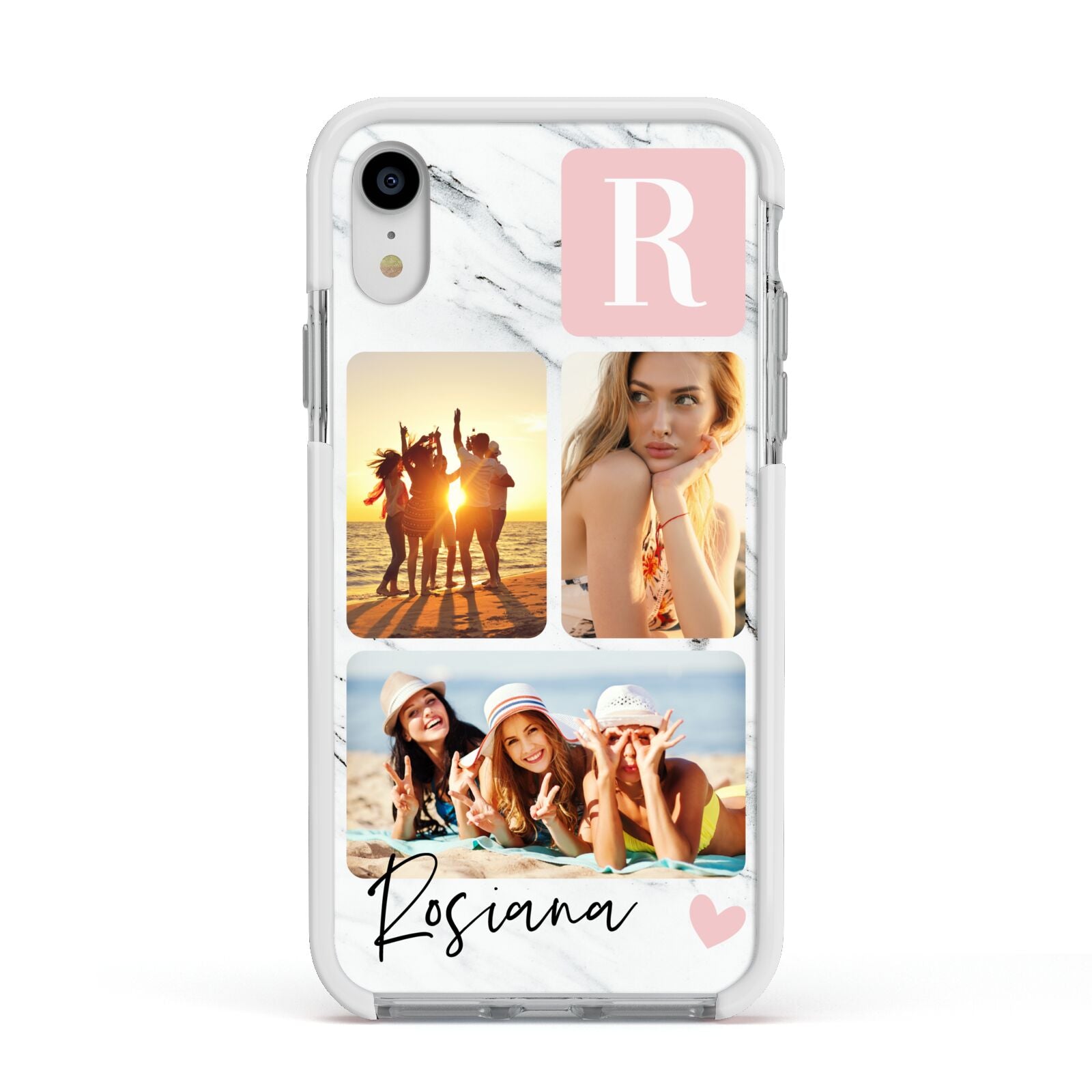 Personalised Three Photo Marble Name Apple iPhone XR Impact Case White Edge on Silver Phone