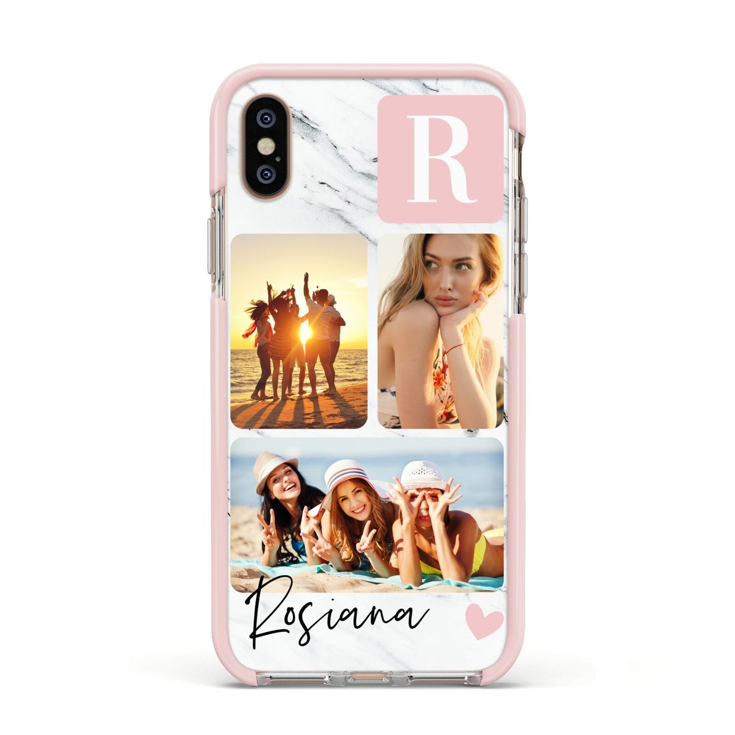 Personalised Three Photo Marble Name Apple iPhone Xs Impact Case Pink Edge on Gold Phone