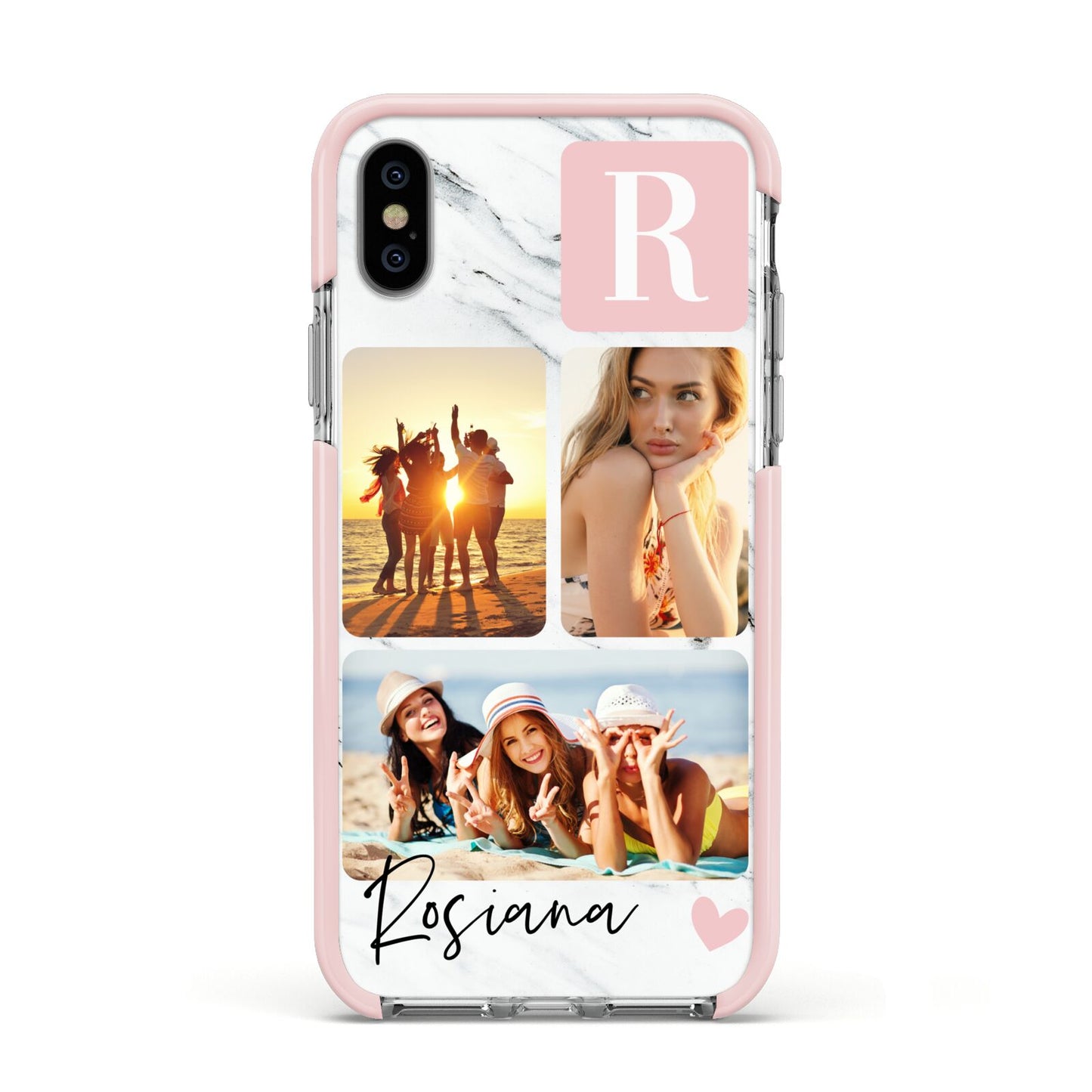 Personalised Three Photo Marble Name Apple iPhone Xs Impact Case Pink Edge on Silver Phone