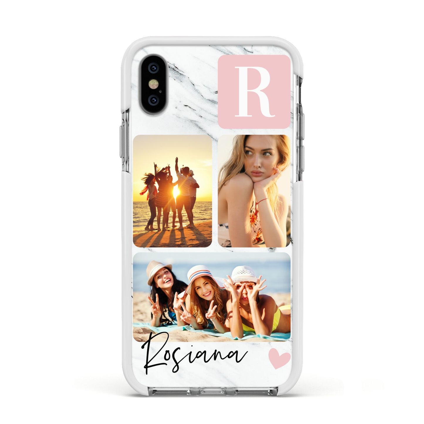 Personalised Three Photo Marble Name Apple iPhone Xs Impact Case White Edge on Silver Phone