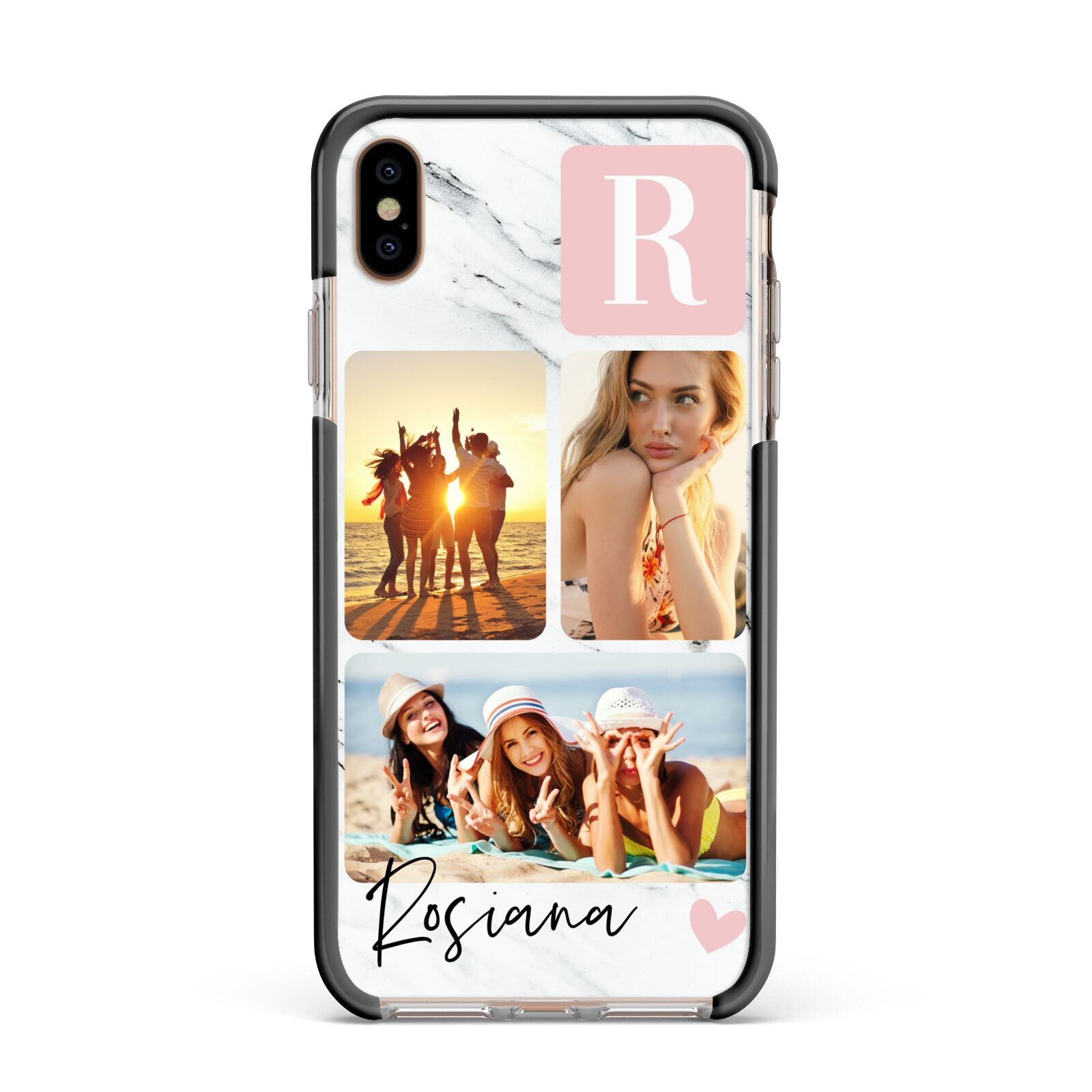Personalised Three Photo Marble Name Apple iPhone Xs Max Impact Case Black Edge on Gold Phone