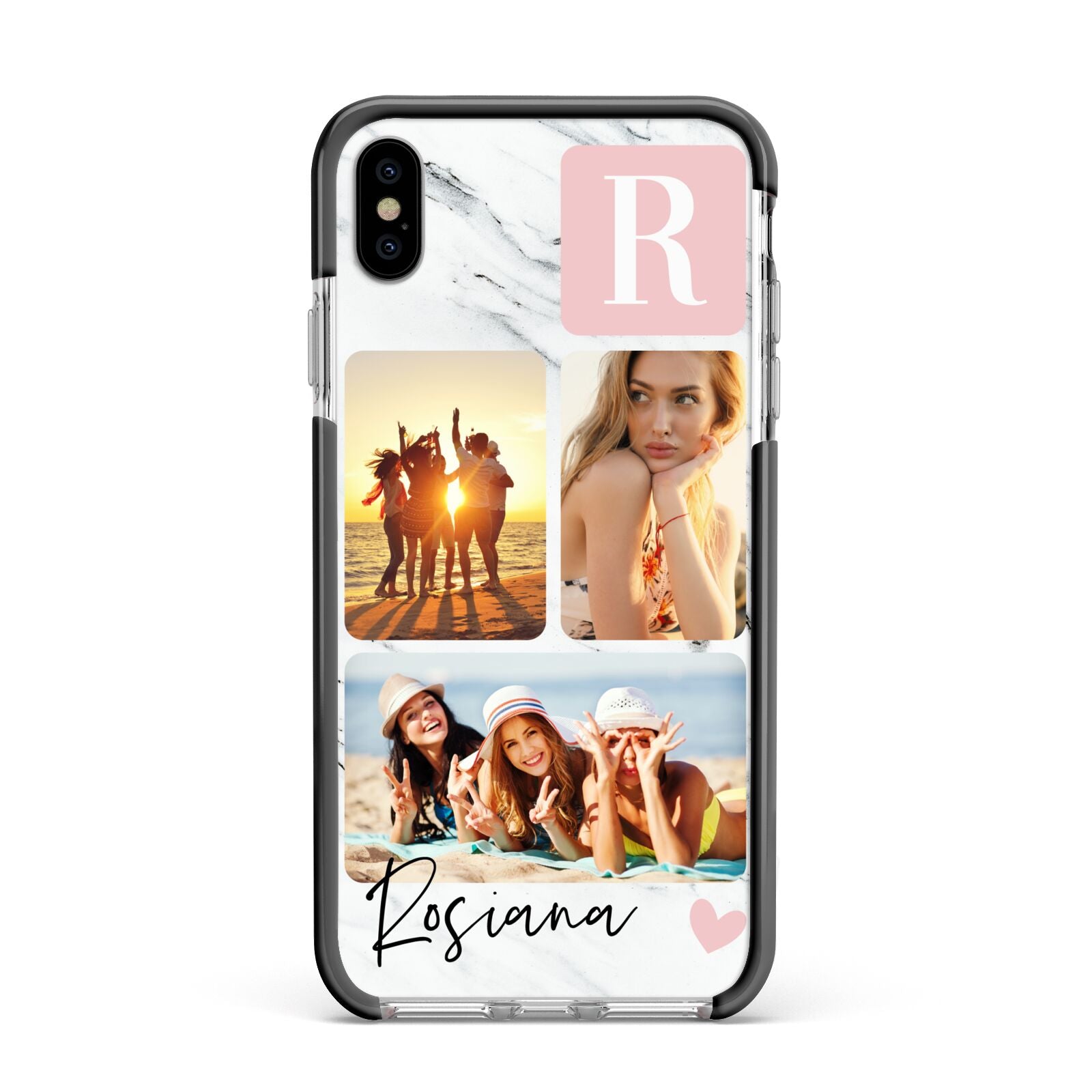 Personalised Three Photo Marble Name Apple iPhone Xs Max Impact Case Black Edge on Silver Phone