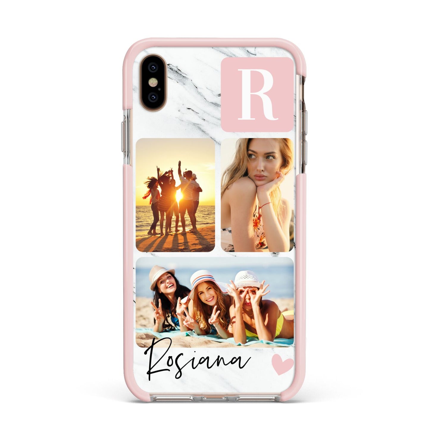Personalised Three Photo Marble Name Apple iPhone Xs Max Impact Case Pink Edge on Gold Phone