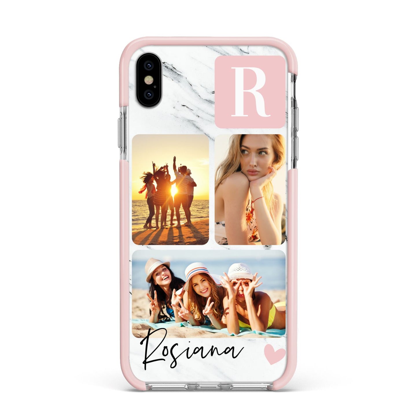 Personalised Three Photo Marble Name Apple iPhone Xs Max Impact Case Pink Edge on Silver Phone