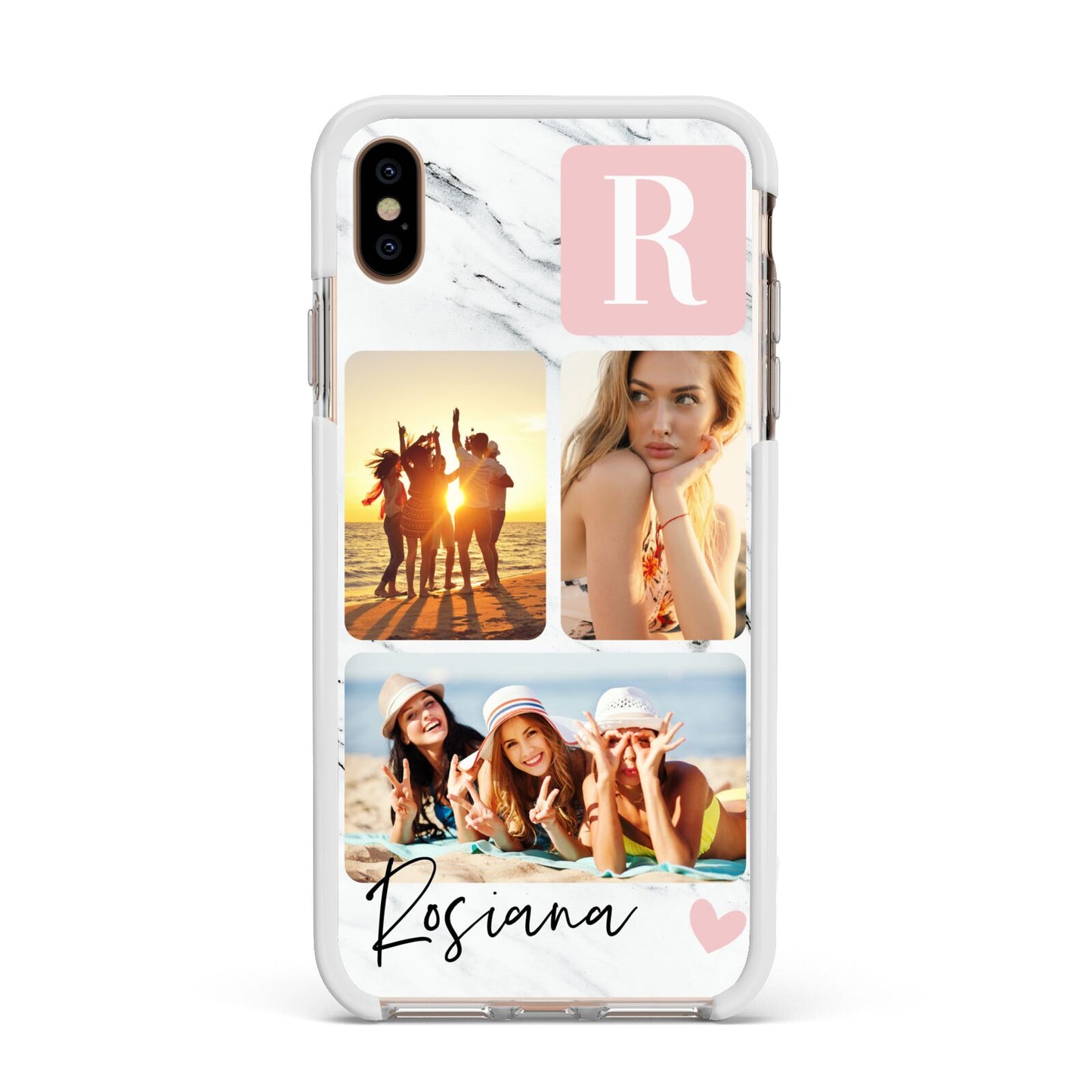 Personalised Three Photo Marble Name Apple iPhone Xs Max Impact Case White Edge on Gold Phone