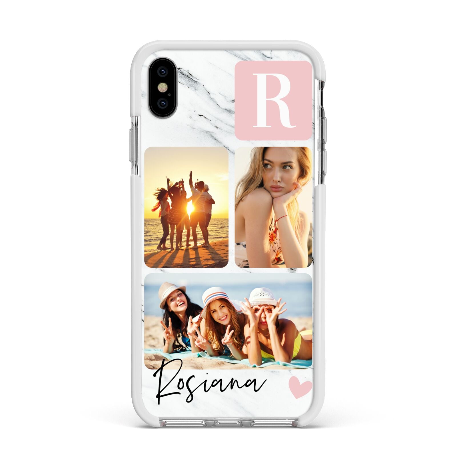 Personalised Three Photo Marble Name Apple iPhone Xs Max Impact Case White Edge on Silver Phone