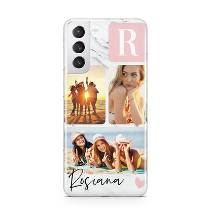 Personalised Three Photo Marble Name Samsung S21 Case