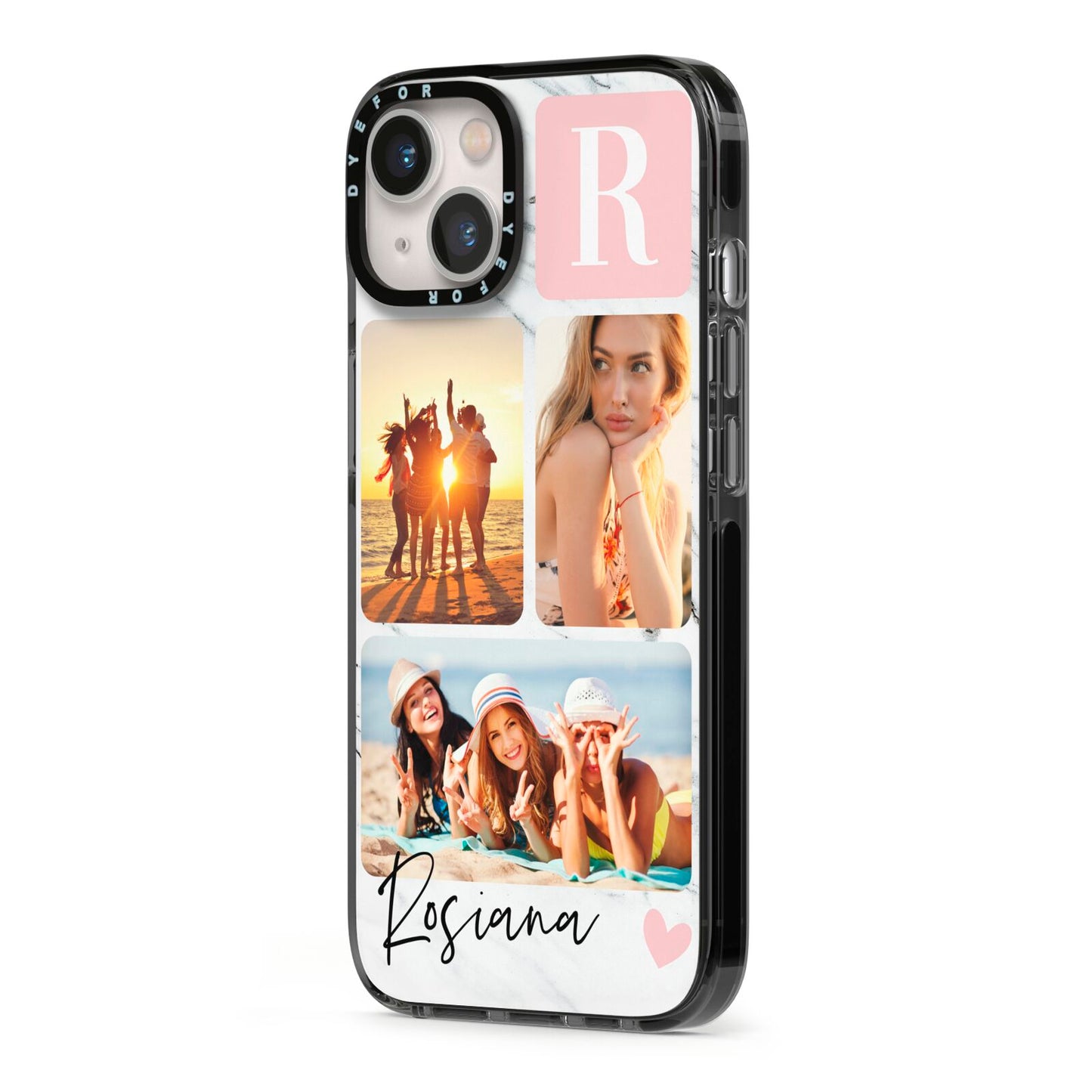 Personalised Three Photo Marble Name iPhone 13 Black Impact Case Side Angle on Silver phone