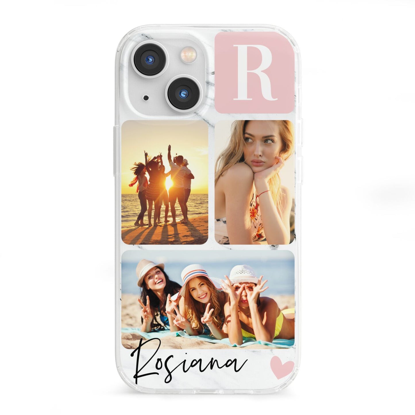 Personalised Three Photo Marble Name iPhone 13 Mini Clear Bumper Case