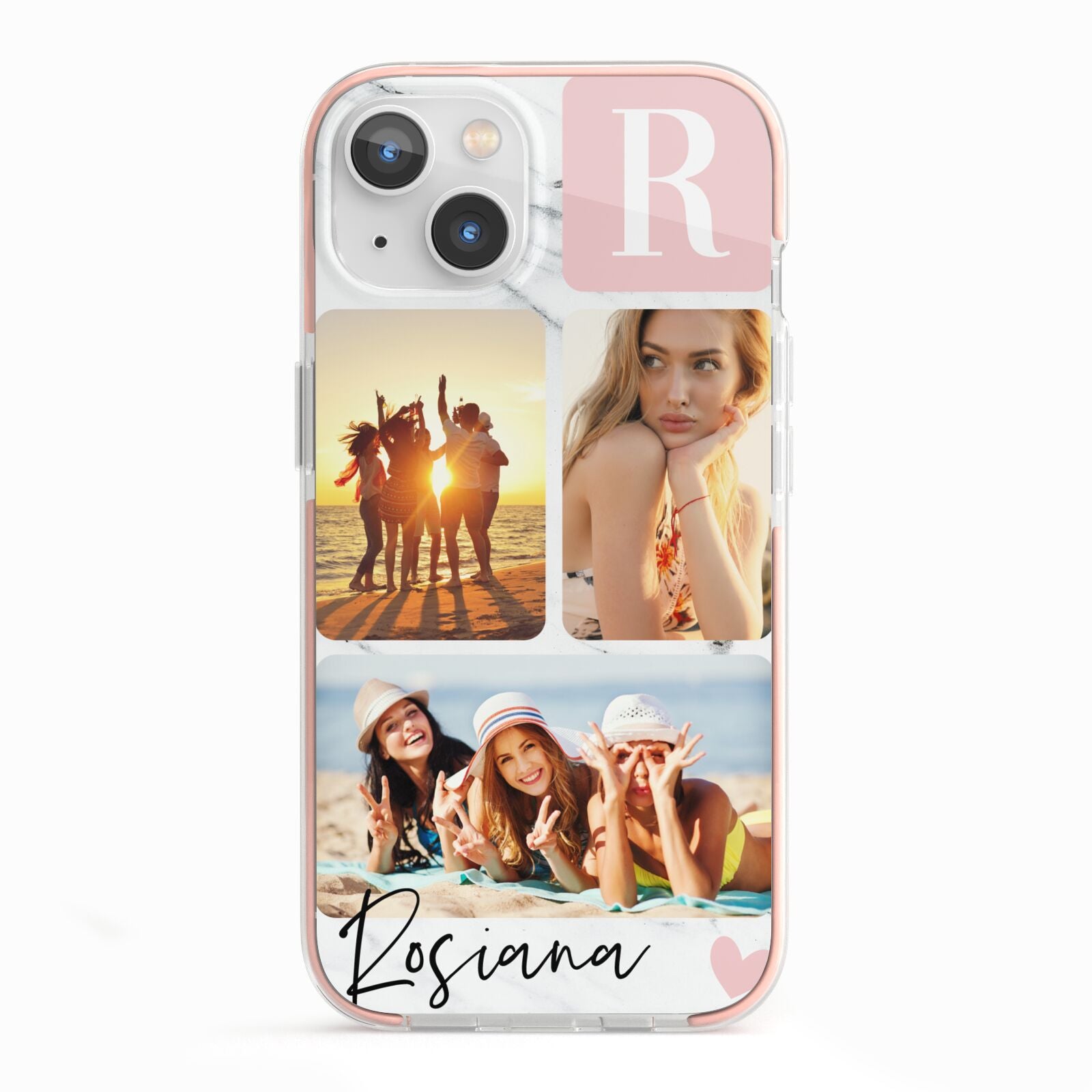 Personalised Three Photo Marble Name iPhone 13 TPU Impact Case with Pink Edges