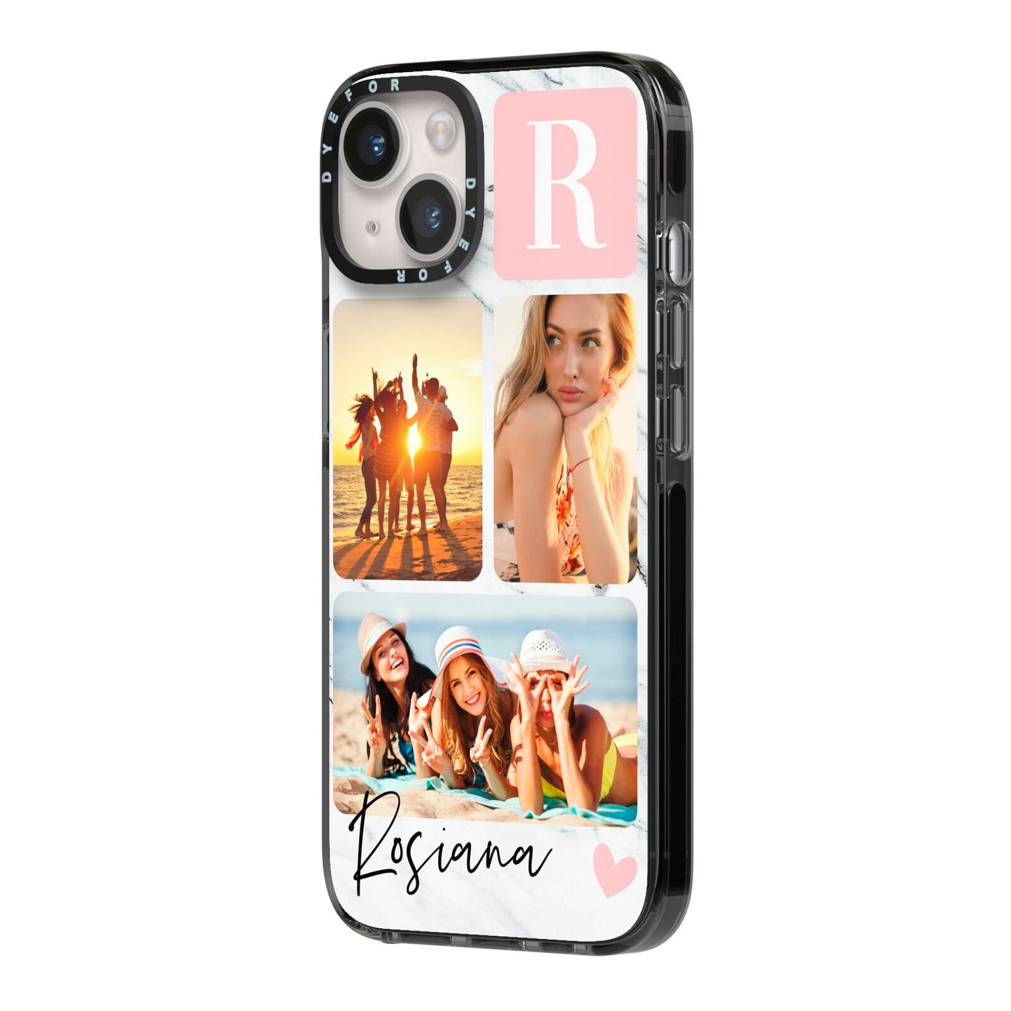 Personalised Three Photo Marble Name iPhone 14 Black Impact Case Side Angle on Silver phone