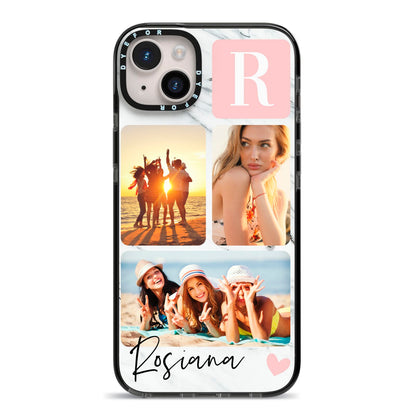 Personalised Three Photo Marble Name iPhone 14 Plus Black Impact Case on Silver phone